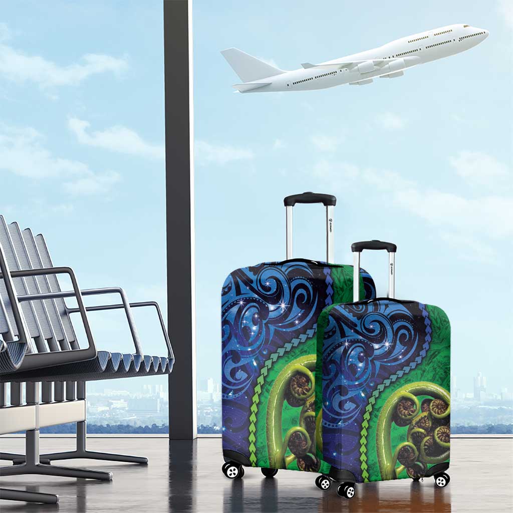 New Zealand Matariki Fern Frond Koru Luggage Cover with Galaxy Blue Sky and Green Paua Shell Art