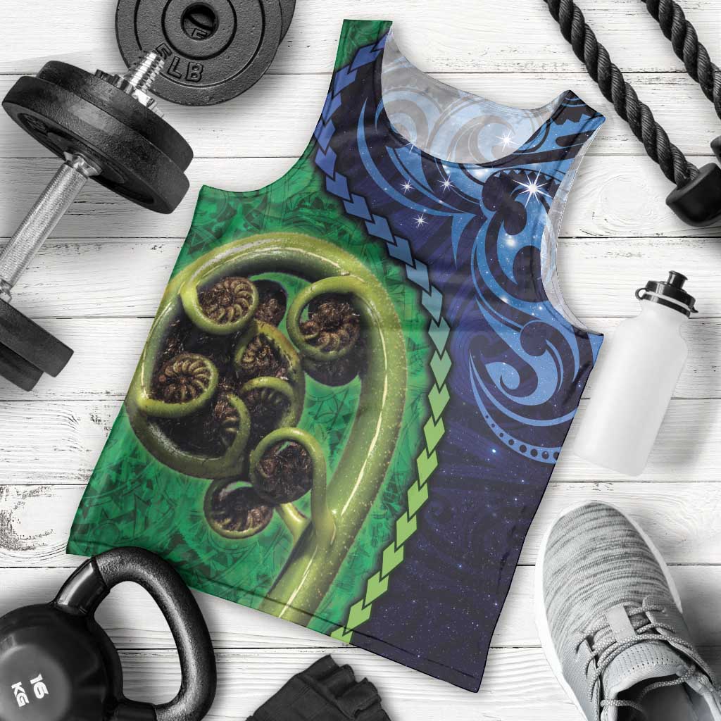 New Zealand Matariki Fern Frond Koru Men Tank Top with Galaxy Blue Sky and Green Paua Shell Art