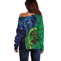 New Zealand Matariki Fern Frond Koru Off Shoulder Sweater with Galaxy Blue Sky and Green Paua Shell Art
