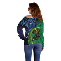 New Zealand Matariki Fern Frond Koru Off Shoulder Sweater with Galaxy Blue Sky and Green Paua Shell Art