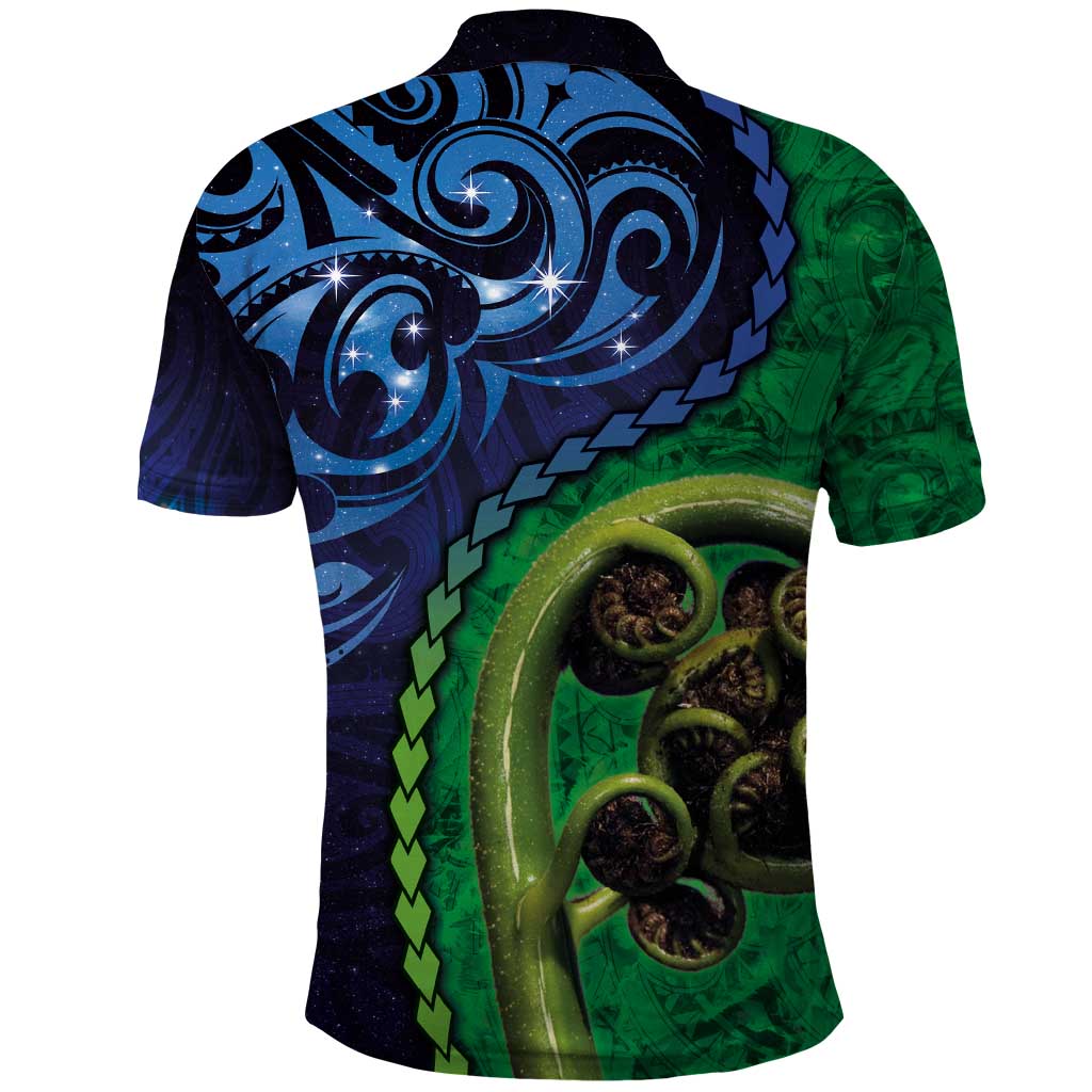 New Zealand Matariki Fern Frond Koru Polo Shirt with Galaxy Blue Sky and Green Paua Shell Art