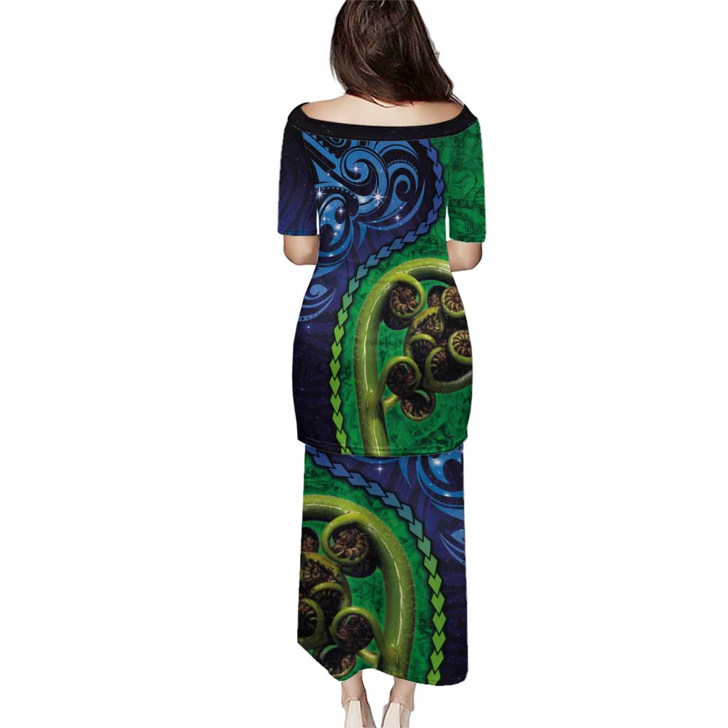 New Zealand Matariki Fern Frond Koru Puletasi with Galaxy Blue Sky and Green Paua Shell Art