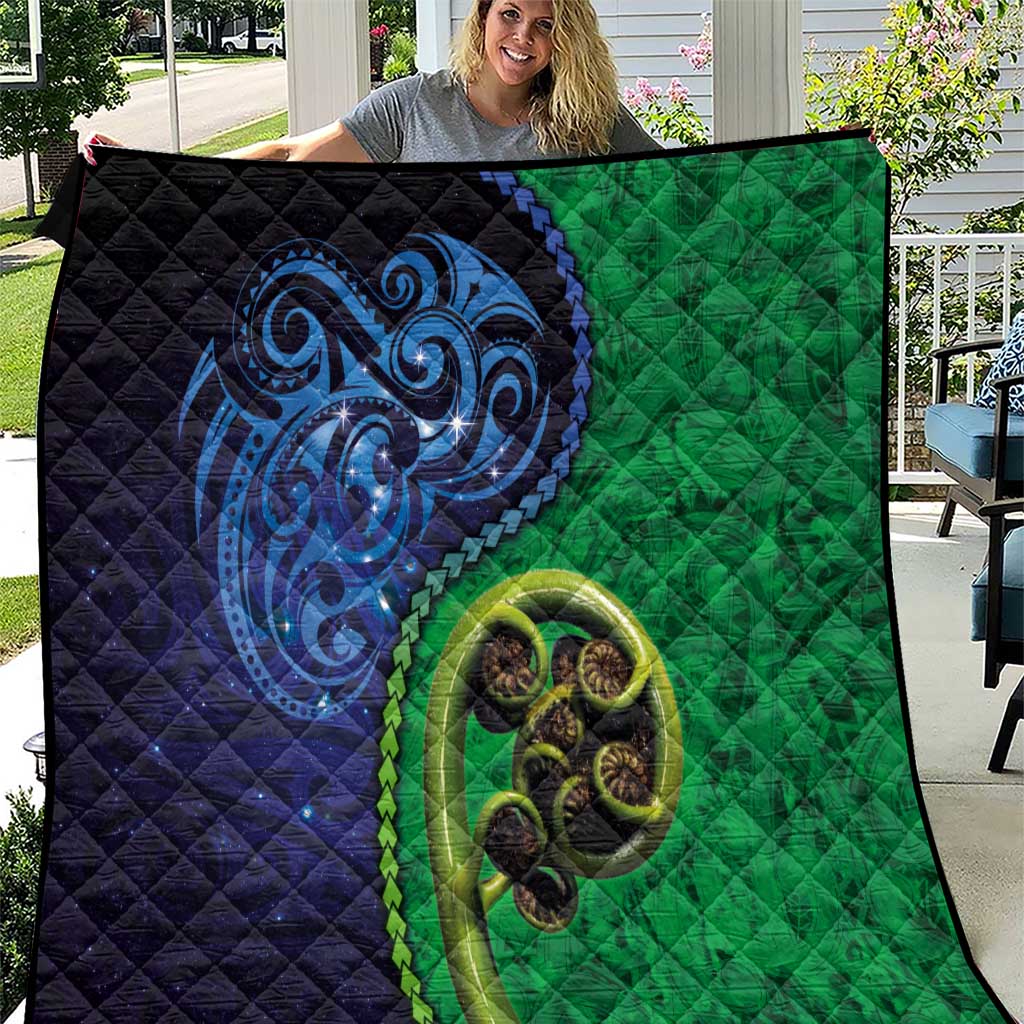 New Zealand Matariki Fern Frond Koru Quilt with Galaxy Blue Sky and Green Paua Shell Art
