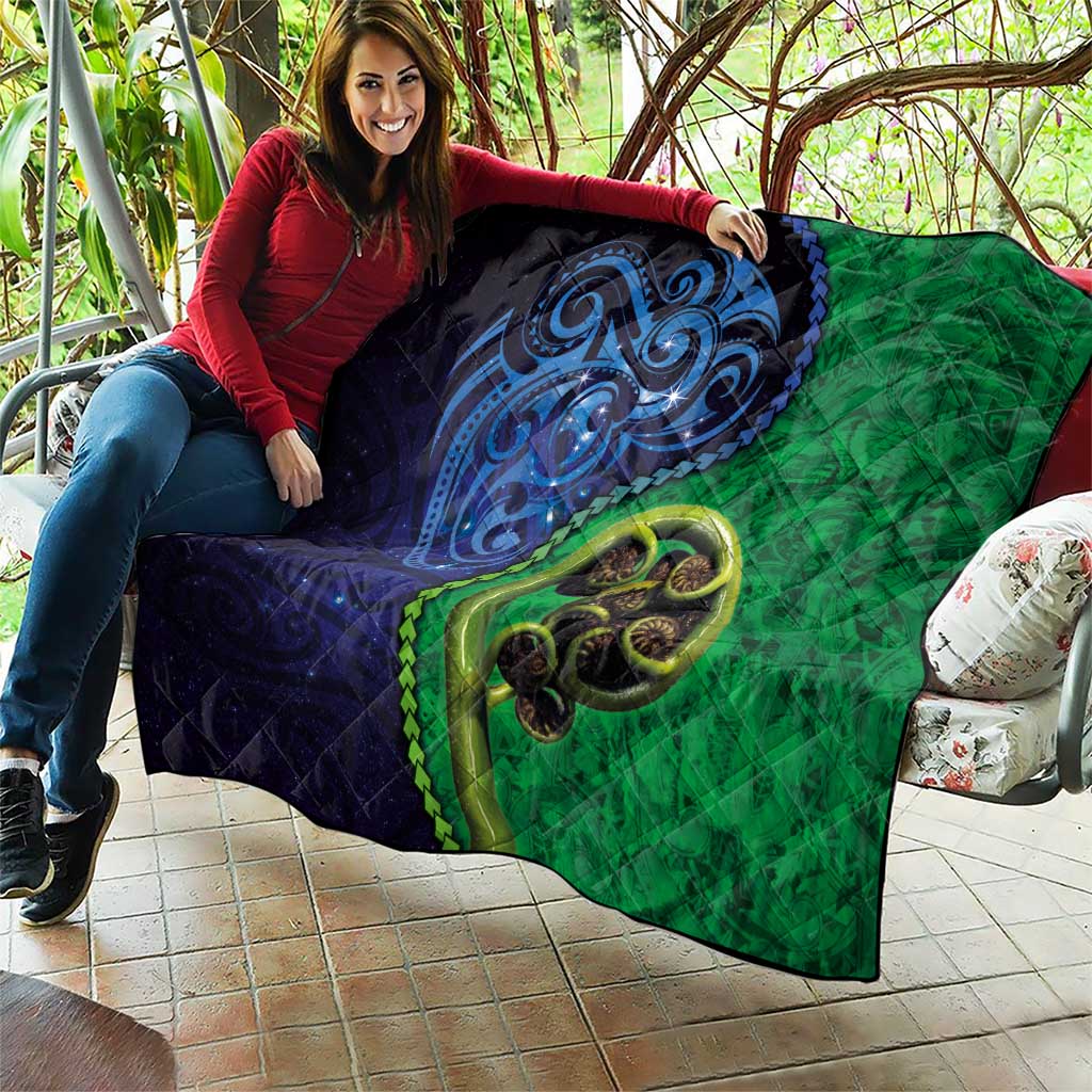 New Zealand Matariki Fern Frond Koru Quilt with Galaxy Blue Sky and Green Paua Shell Art