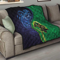 New Zealand Matariki Fern Frond Koru Quilt with Galaxy Blue Sky and Green Paua Shell Art