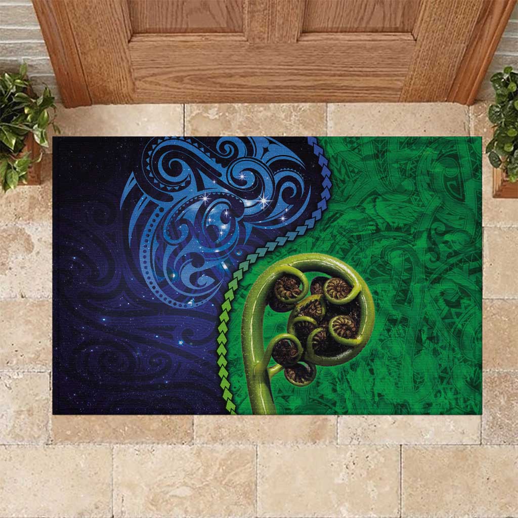 New Zealand Matariki Fern Frond Koru Rubber Doormat with Galaxy Blue Sky and Green Paua Shell Art