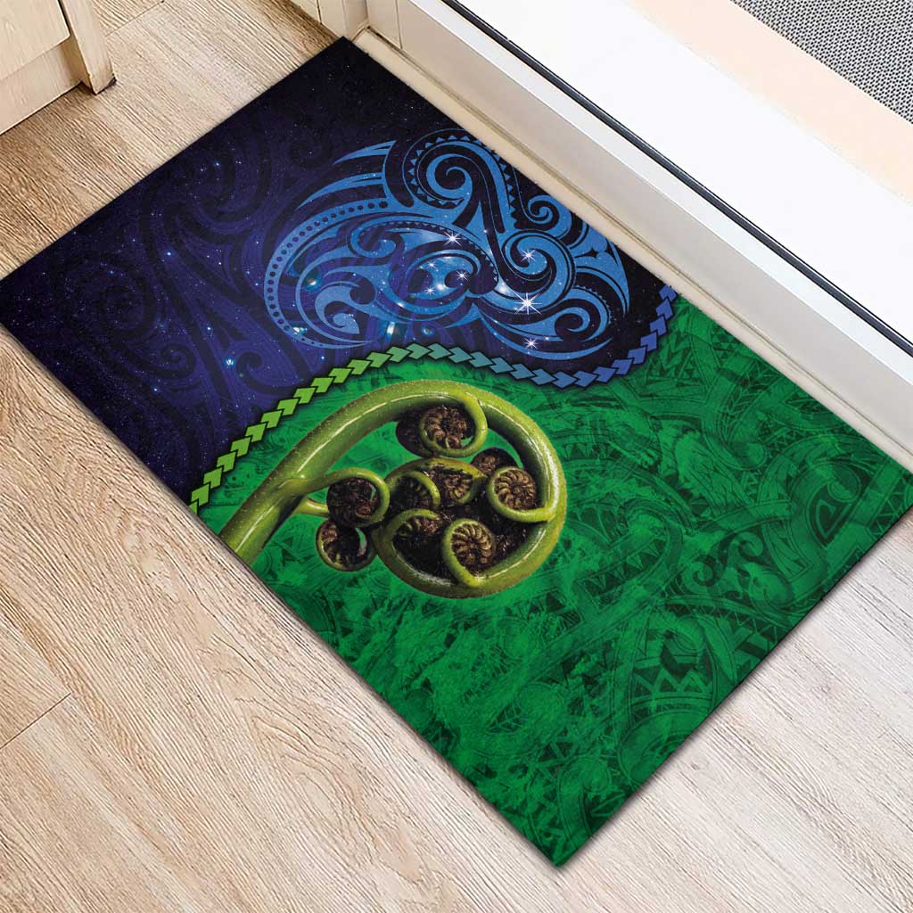New Zealand Matariki Fern Frond Koru Rubber Doormat with Galaxy Blue Sky and Green Paua Shell Art