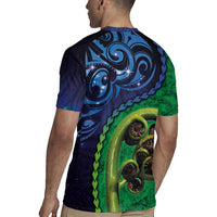 New Zealand Matariki Fern Frond Koru Rugby Jersey with Galaxy Blue Sky and Green Paua Shell Art