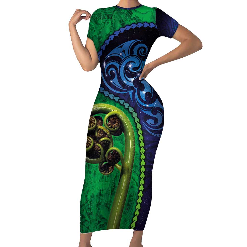 New Zealand Matariki Fern Frond Koru Short Sleeve Bodycon Dress with Galaxy Blue Sky and Green Paua Shell Art