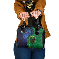 New Zealand Matariki Fern Frond Koru Shoulder Handbag with Galaxy Blue Sky and Green Paua Shell Art