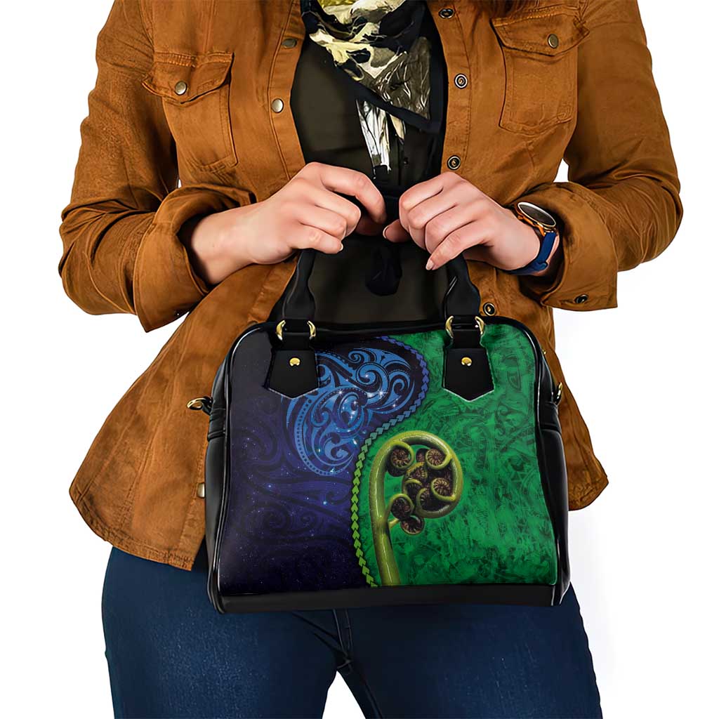 New Zealand Matariki Fern Frond Koru Shoulder Handbag with Galaxy Blue Sky and Green Paua Shell Art