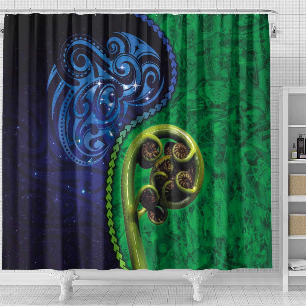 New Zealand Matariki Fern Frond Koru Shower Curtain with Galaxy Blue Sky and Green Paua Shell Art