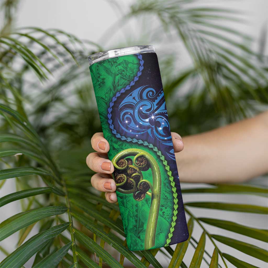 New Zealand Matariki Fern Frond Koru Skinny Tumbler with Galaxy Blue Sky and Green Paua Shell Art