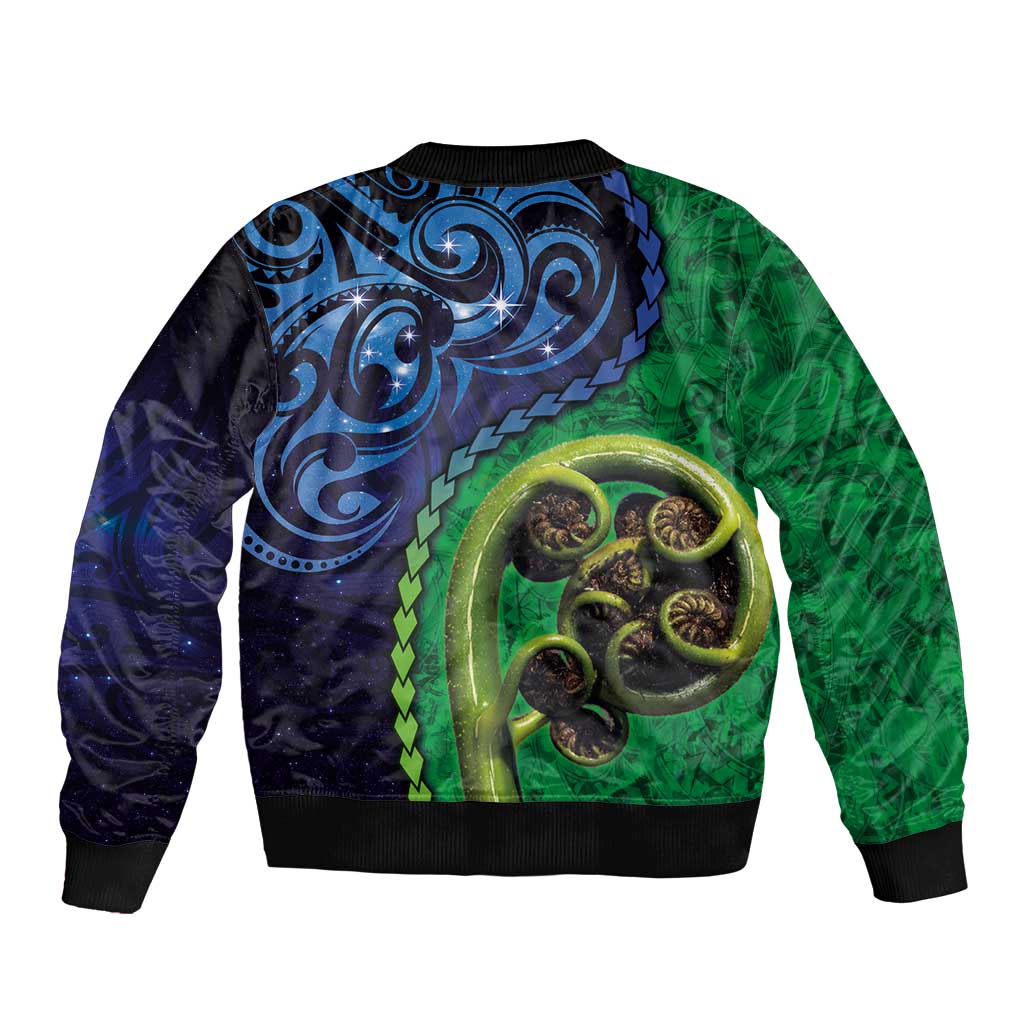 New Zealand Matariki Fern Frond Koru Sleeve Zip Bomber Jacket with Galaxy Blue Sky and Green Paua Shell Art