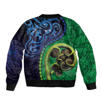 New Zealand Matariki Fern Frond Koru Sleeve Zip Bomber Jacket with Galaxy Blue Sky and Green Paua Shell Art
