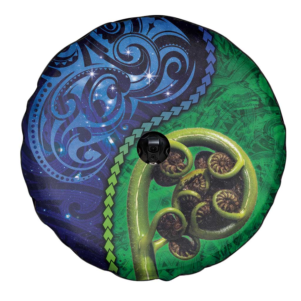 New Zealand Matariki Fern Frond Koru Spare Tire Cover with Galaxy Blue Sky and Green Paua Shell Art