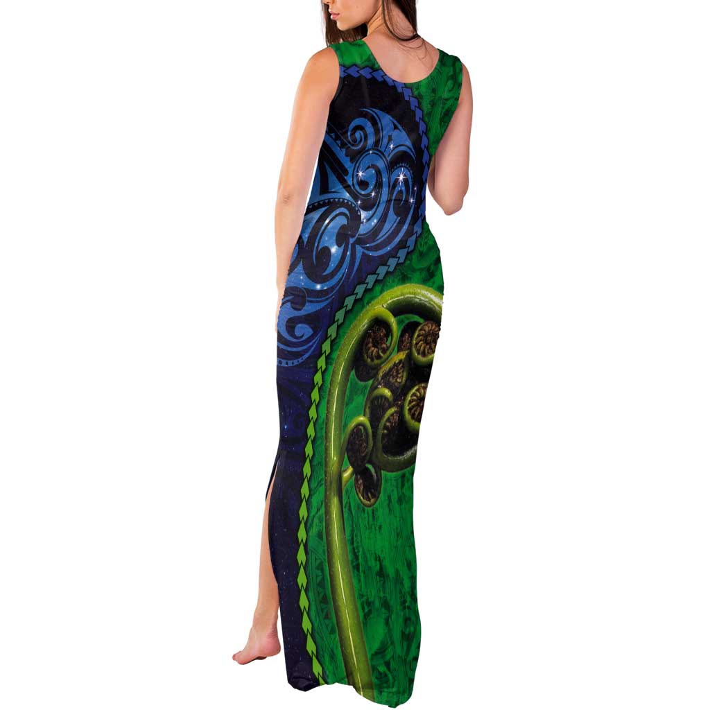 New Zealand Matariki Fern Frond Koru Tank Maxi Dress with Galaxy Blue Sky and Green Paua Shell Art
