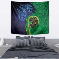 New Zealand Matariki Fern Frond Koru Tapestry with Galaxy Blue Sky and Green Paua Shell Art