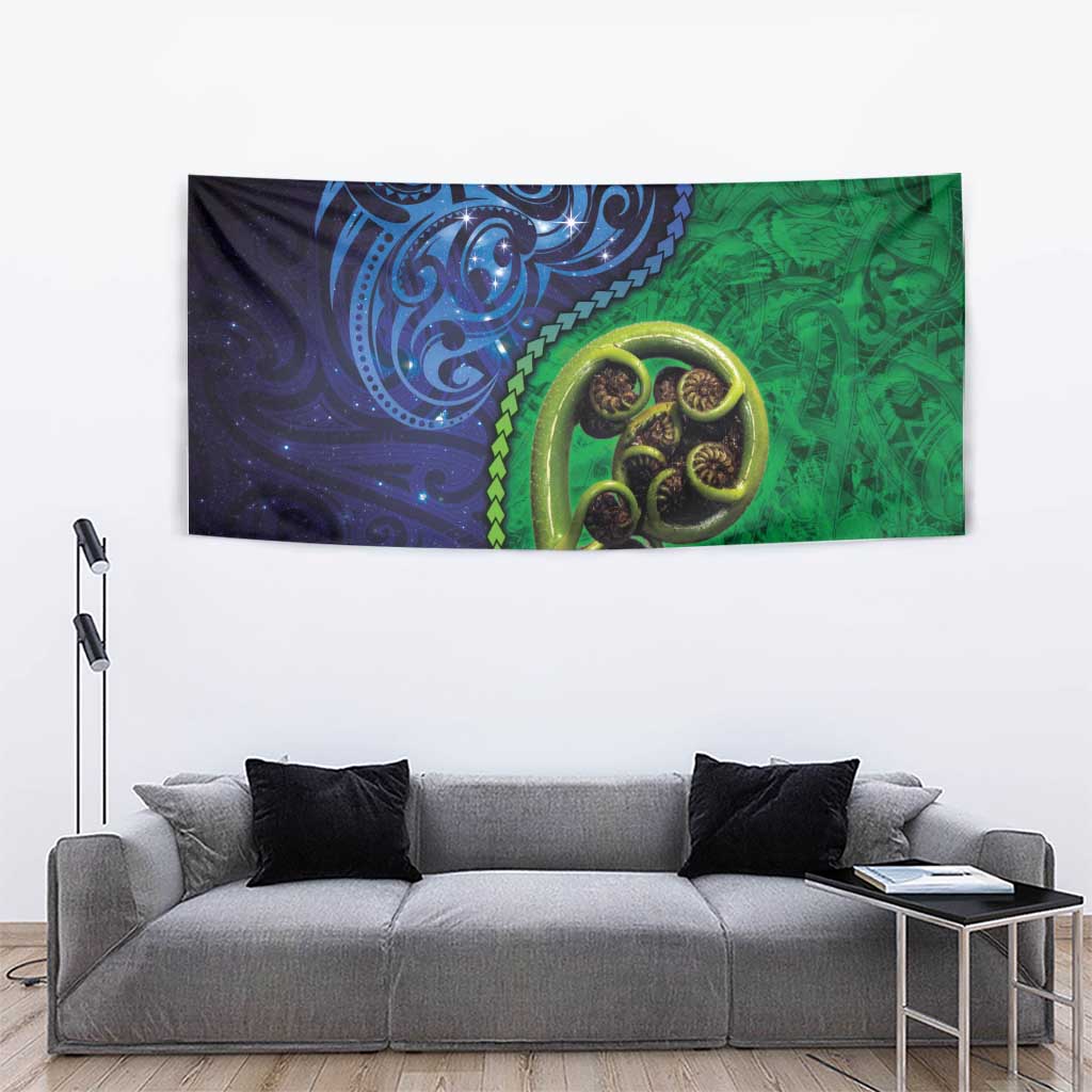 New Zealand Matariki Fern Frond Koru Tapestry with Galaxy Blue Sky and Green Paua Shell Art