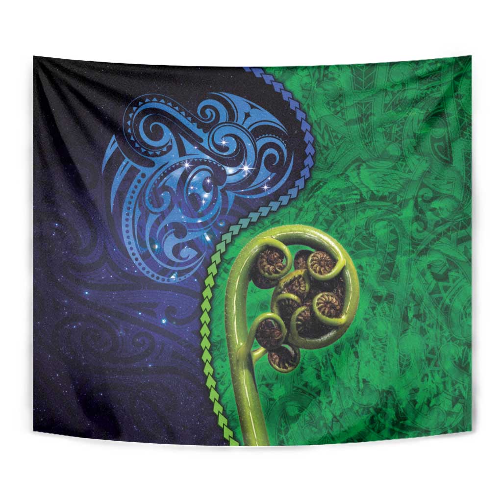 New Zealand Matariki Fern Frond Koru Tapestry with Galaxy Blue Sky and Green Paua Shell Art