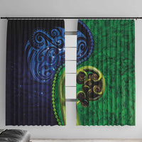 New Zealand Matariki Fern Frond Koru Window Curtain with Galaxy Blue Sky and Green Paua Shell Art