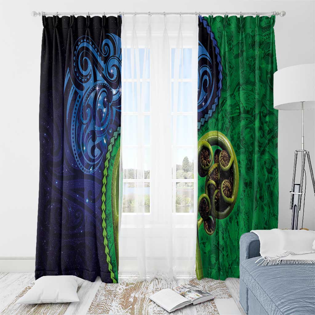 New Zealand Matariki Fern Frond Koru Window Curtain with Galaxy Blue Sky and Green Paua Shell Art