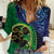 New Zealand Matariki Fern Frond Koru Women Casual Shirt with Galaxy Blue Sky and Green Paua Shell Art