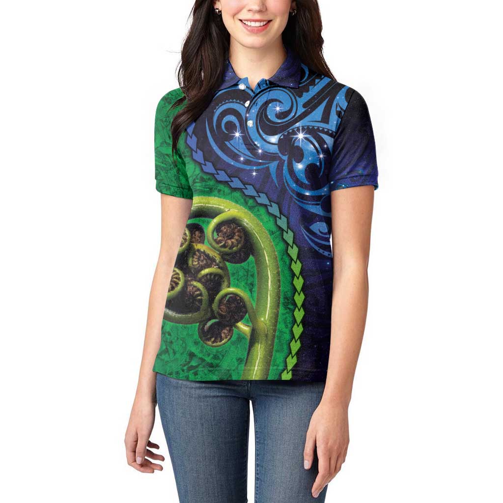 New Zealand Matariki Fern Frond Koru Women Polo Shirt with Galaxy Blue Sky and Green Paua Shell Art