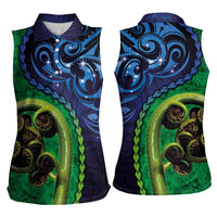 New Zealand Matariki Fern Frond Koru Women Sleeveless Polo Shirt with Galaxy Blue Sky and Green Paua Shell Art