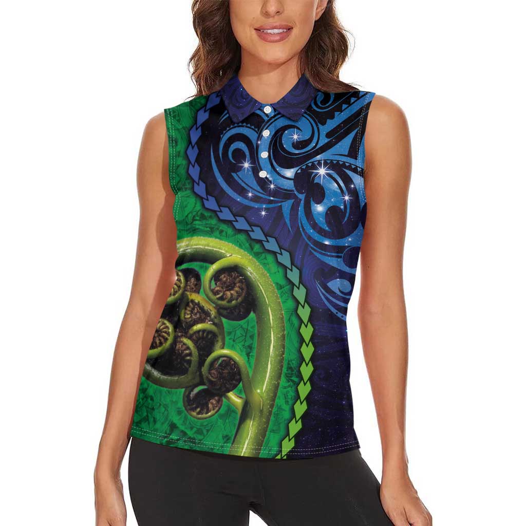 New Zealand Matariki Fern Frond Koru Women Sleeveless Polo Shirt with Galaxy Blue Sky and Green Paua Shell Art