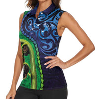 New Zealand Matariki Fern Frond Koru Women Sleeveless Polo Shirt with Galaxy Blue Sky and Green Paua Shell Art