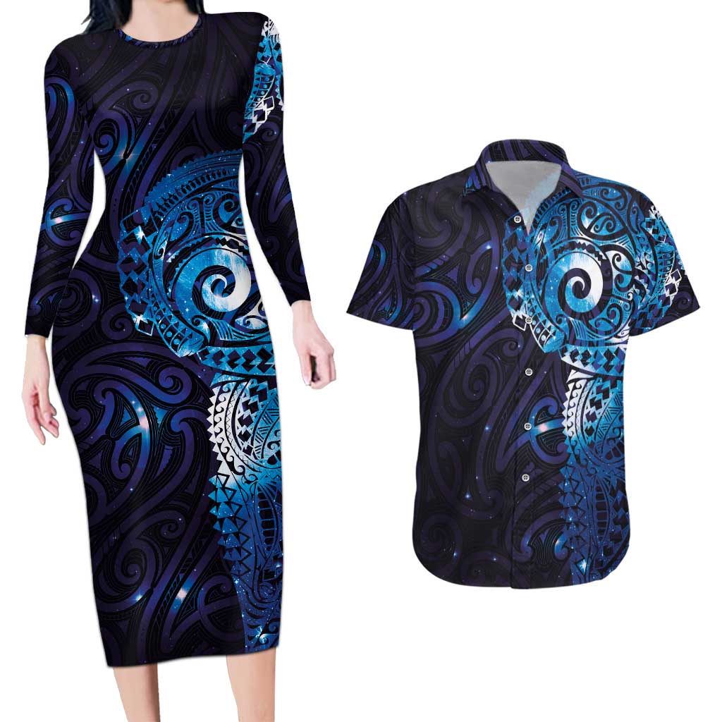 Matariki New Zealand Maori Koru Art Tattoo Couples Matching Long Sleeve Bodycon Dress and Hawaiian Shirt New Year Galaxy Blue Sky Style