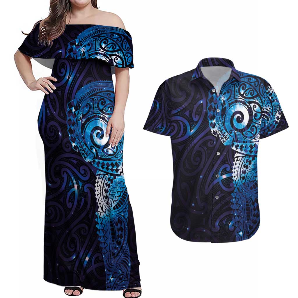 Matariki New Zealand Maori Koru Art Tattoo Couples Matching Off Shoulder Maxi Dress and Hawaiian Shirt New Year Galaxy Blue Sky Style