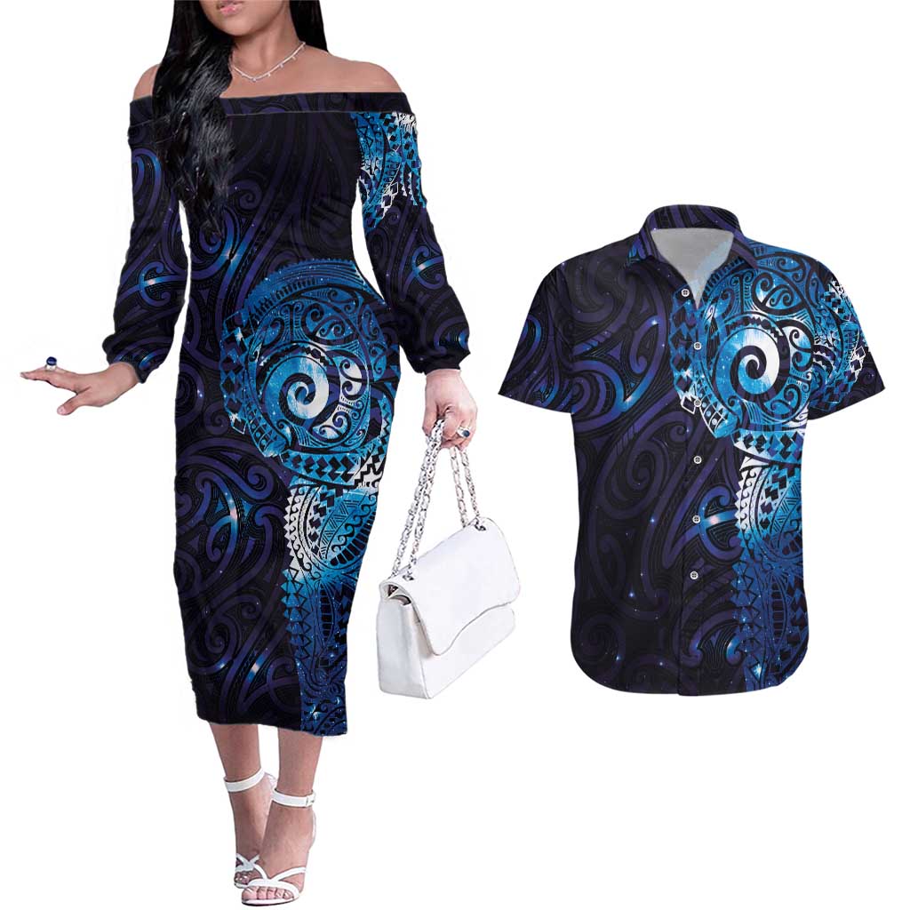Matariki New Zealand Maori Koru Art Tattoo Couples Matching Off The Shoulder Long Sleeve Dress and Hawaiian Shirt New Year Galaxy Blue Sky Style