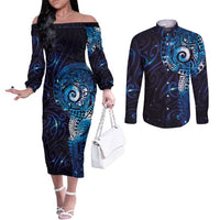 Matariki New Zealand Maori Koru Art Tattoo Couples Matching Off The Shoulder Long Sleeve Dress and Long Sleeve Button Shirt New Year Galaxy Blue Sky Style