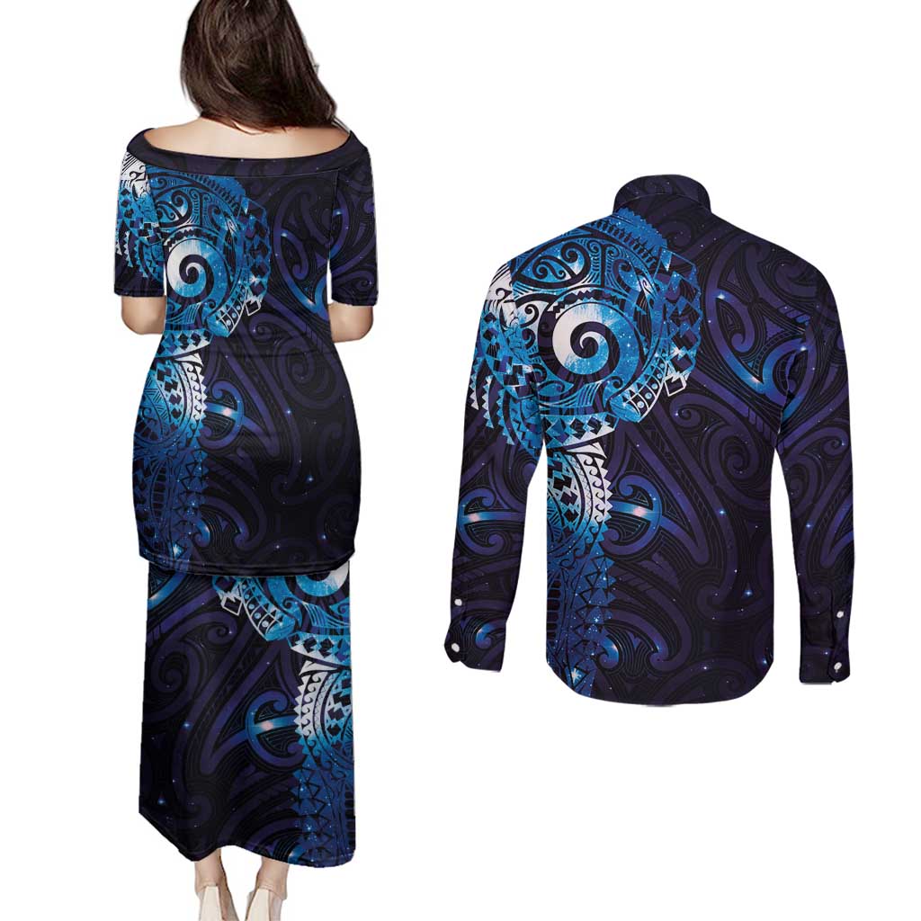 Matariki New Zealand Maori Koru Art Tattoo Couples Matching Puletasi and Long Sleeve Button Shirt New Year Galaxy Blue Sky Style