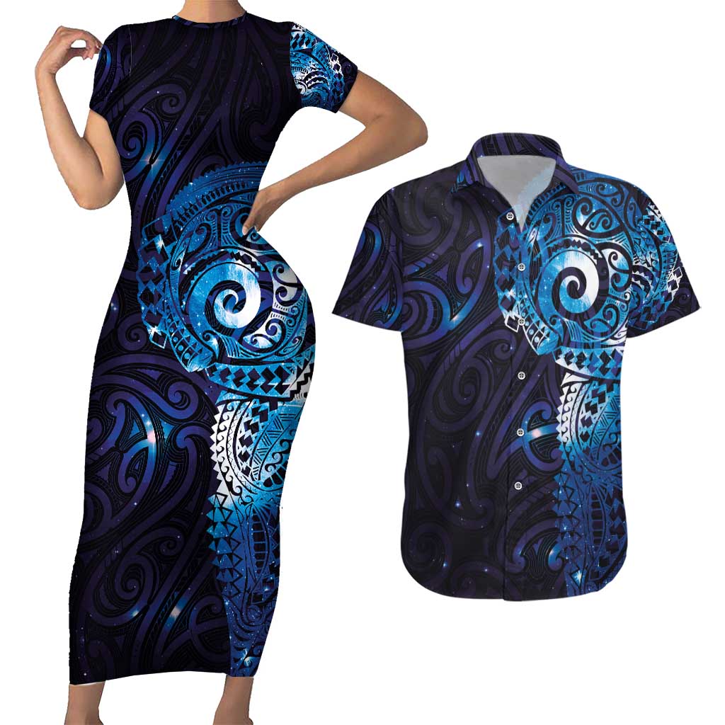 Matariki New Zealand Maori Koru Art Tattoo Couples Matching Short Sleeve Bodycon Dress and Hawaiian Shirt New Year Galaxy Blue Sky Style