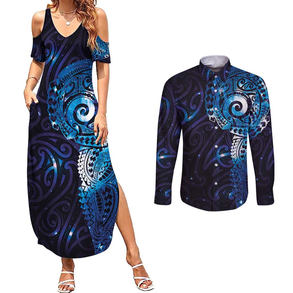 Matariki New Zealand Maori Koru Art Tattoo Couples Matching Summer Maxi Dress and Long Sleeve Button Shirt New Year Galaxy Blue Sky Style
