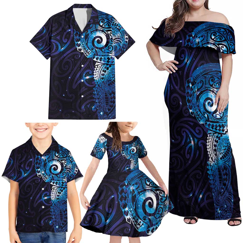 Matariki New Zealand Maori Koru Art Tattoo Family Matching Off Shoulder Maxi Dress and Hawaiian Shirt New Year Galaxy Blue Sky Style LT03 - Polynesian Pride