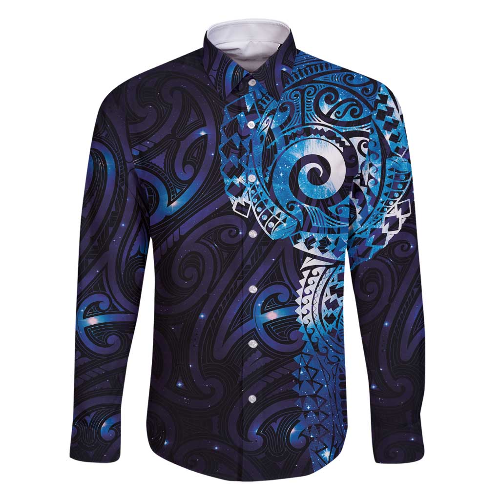 Matariki New Zealand Maori Koru Art Tattoo Family Matching Off Shoulder Maxi Dress and Hawaiian Shirt New Year Galaxy Blue Sky Style LT03 Dad's Shirt - Long Sleeve Blue - Polynesian Pride