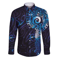 Matariki New Zealand Maori Koru Art Tattoo Family Matching Off Shoulder Short Dress and Hawaiian Shirt New Year Galaxy Blue Sky Style LT03 Dad's Shirt - Long Sleeve Blue - Polynesian Pride