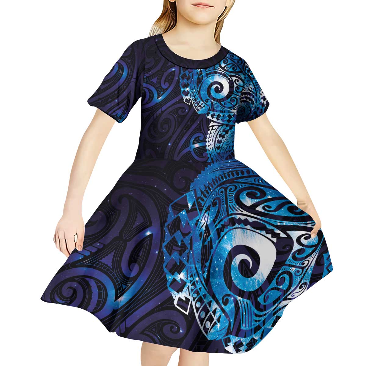 Matariki New Zealand Maori Koru Art Tattoo Kid Short Sleeve Dress New Year Galaxy Blue Sky Style