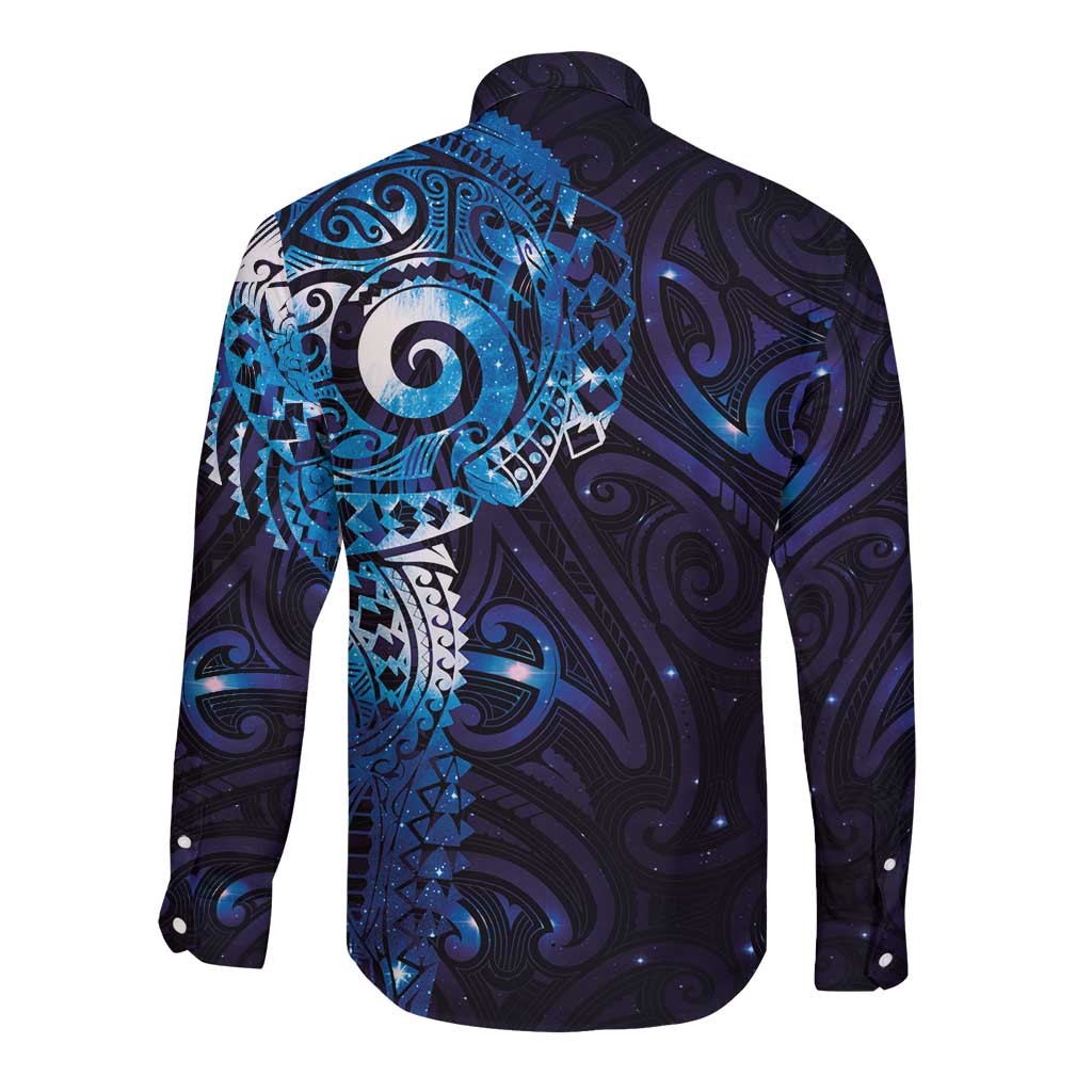 Matariki New Zealand Maori Koru Art Tattoo Long Sleeve Button Shirt New Year Galaxy Blue Sky Style