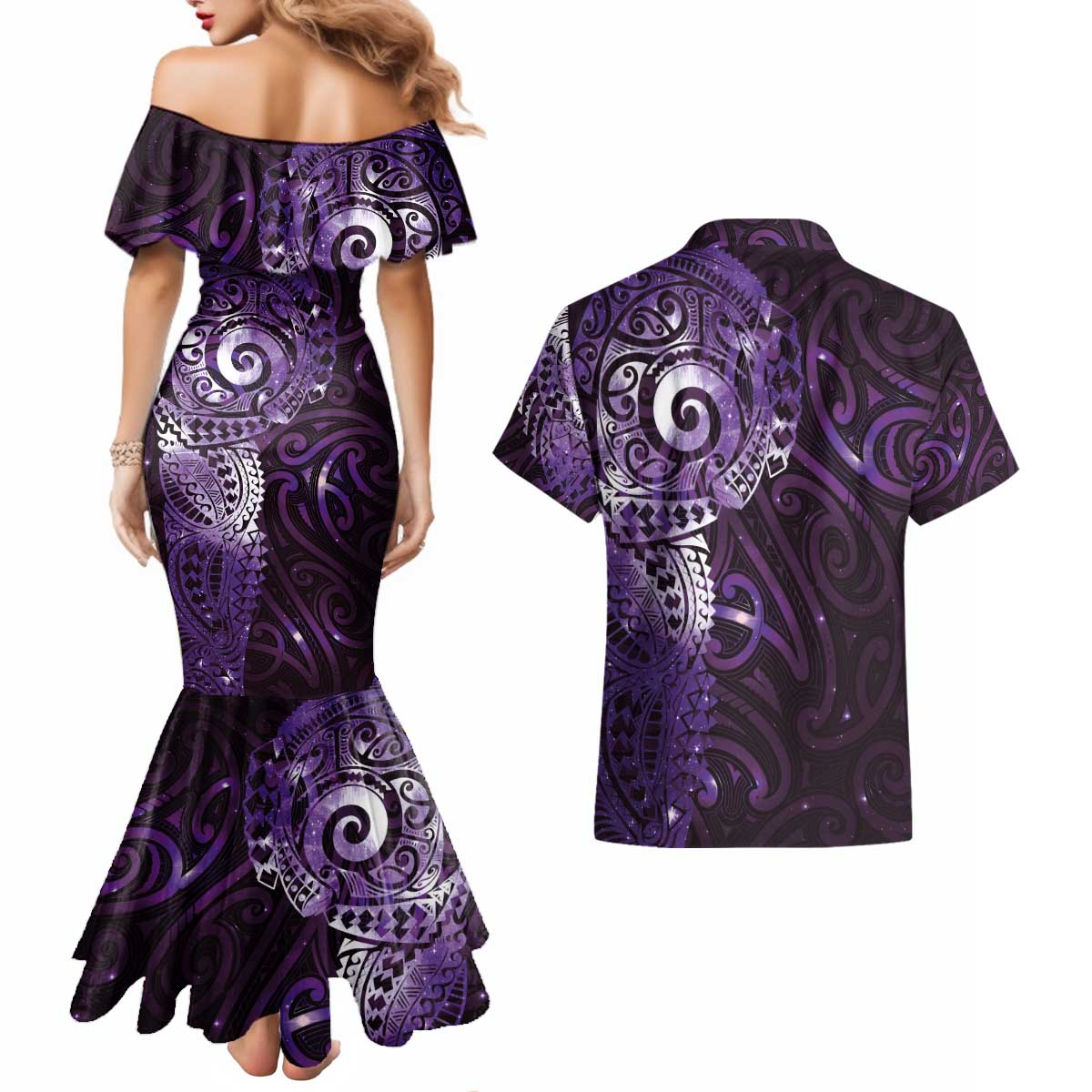 Matariki New Zealand Maori Koru Art Tattoo Couples Matching Mermaid Dress and Hawaiian Shirt New Year Galaxy Purple Sky Style