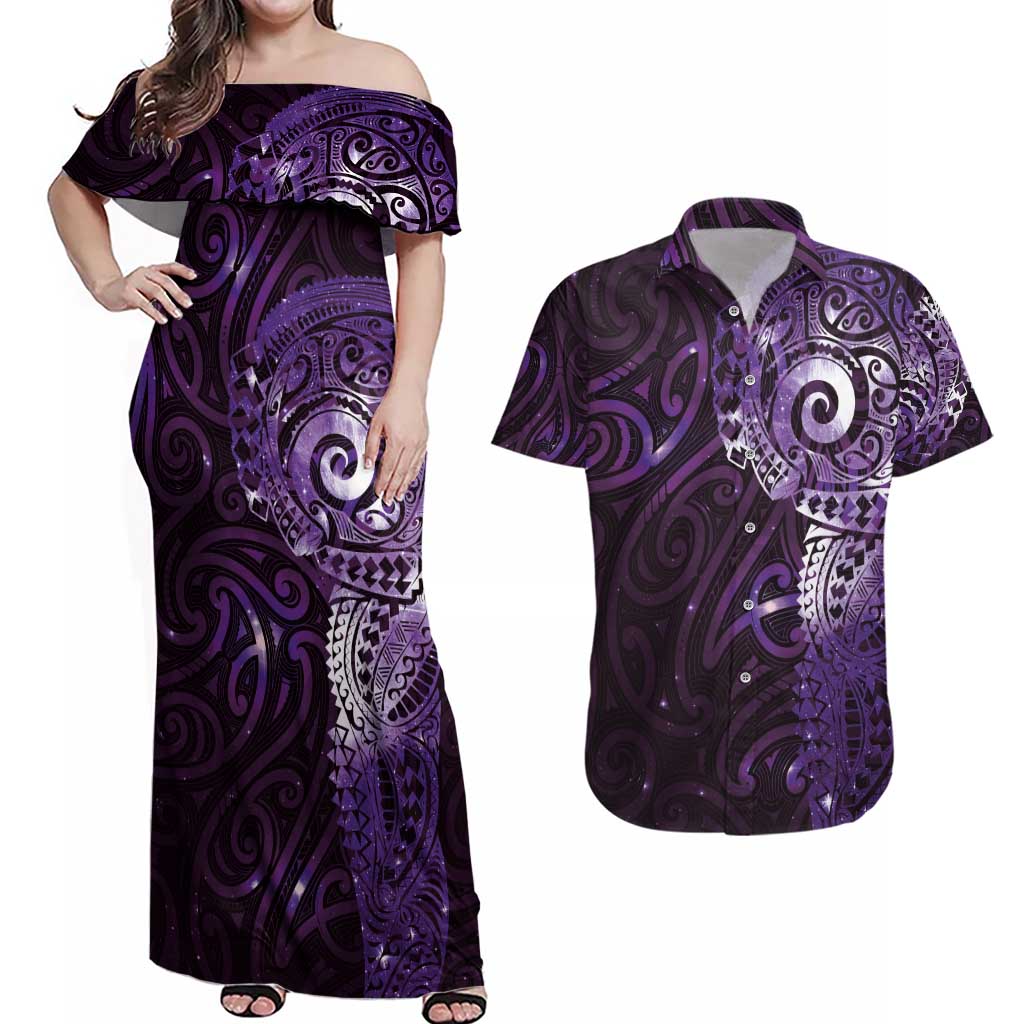 Matariki New Zealand Maori Koru Art Tattoo Couples Matching Off Shoulder Maxi Dress and Hawaiian Shirt New Year Galaxy Purple Sky Style