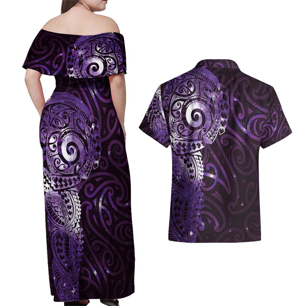 Matariki New Zealand Maori Koru Art Tattoo Couples Matching Off Shoulder Maxi Dress and Hawaiian Shirt New Year Galaxy Purple Sky Style