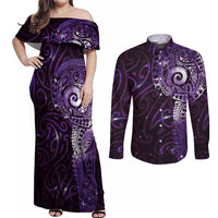 Matariki New Zealand Maori Koru Art Tattoo Couples Matching Off Shoulder Maxi Dress and Long Sleeve Button Shirt New Year Galaxy Purple Sky Style