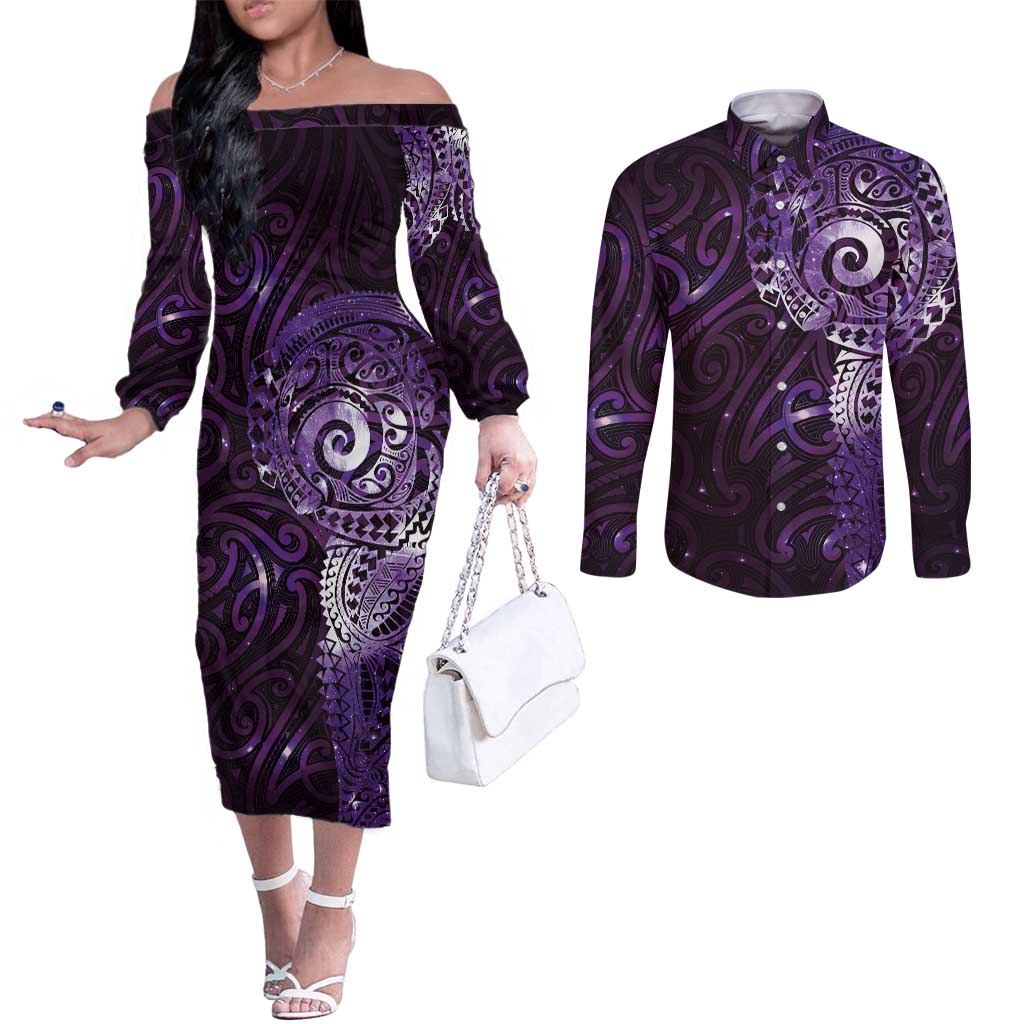 Matariki New Zealand Maori Koru Art Tattoo Couples Matching Off The Shoulder Long Sleeve Dress and Long Sleeve Button Shirt New Year Galaxy Purple Sky Style