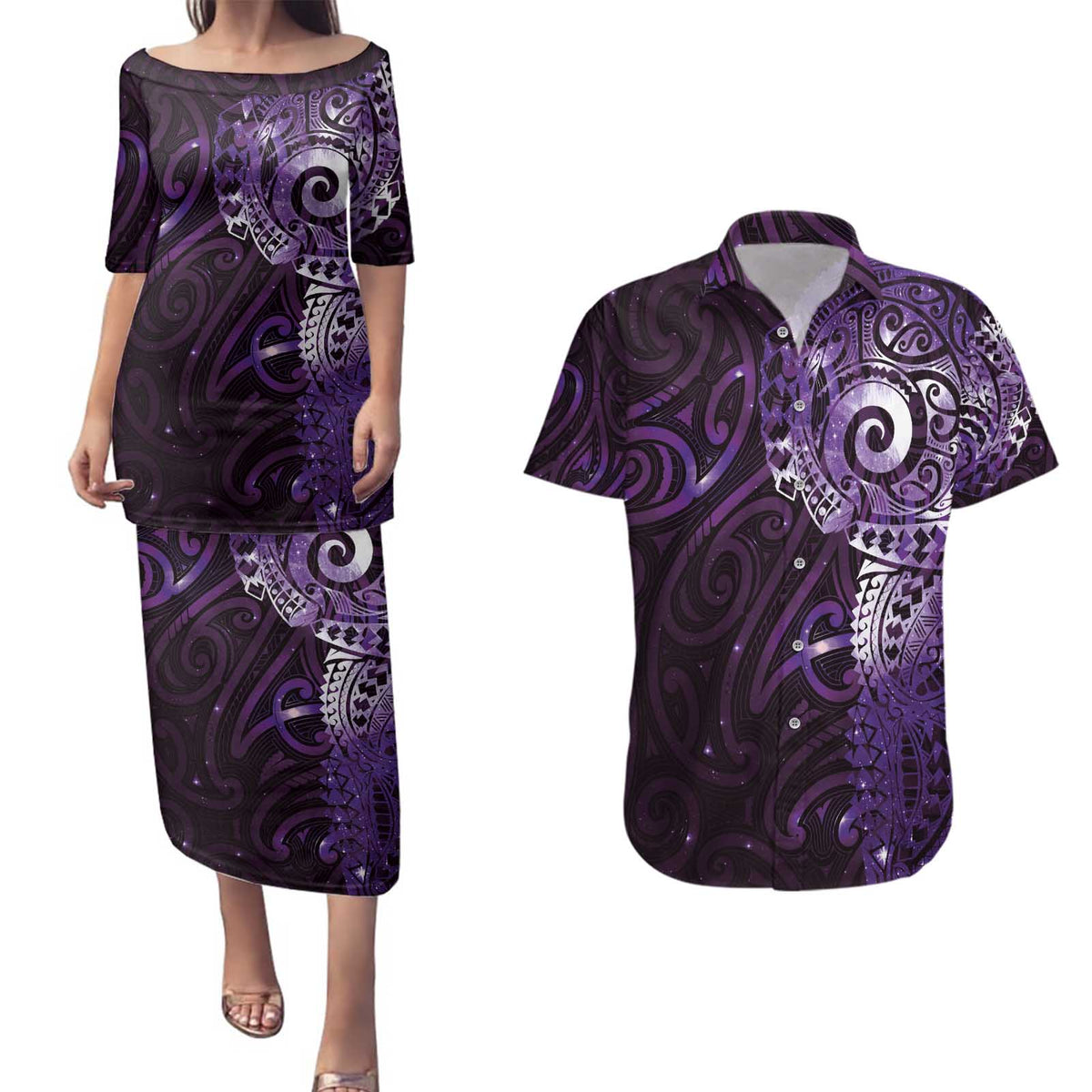 Matariki New Zealand Maori Koru Art Tattoo Couples Matching Puletasi and Hawaiian Shirt New Year Galaxy Purple Sky Style
