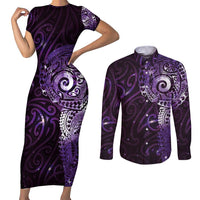 Matariki New Zealand Maori Koru Art Tattoo Couples Matching Short Sleeve Bodycon Dress and Long Sleeve Button Shirt New Year Galaxy Purple Sky Style